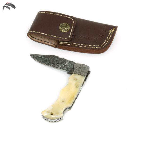 6.5 inch Damascus Steel Custom Handmade Camping Trekking Pocket Folder Utility Knife, Camel bone