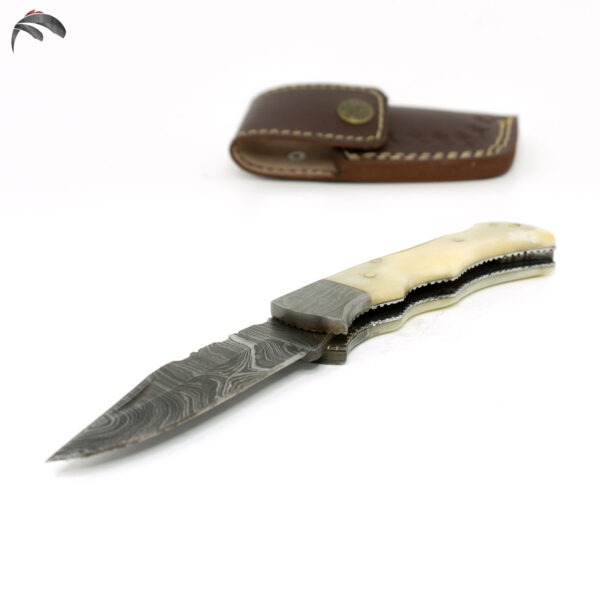 6.5 inch Damascus Steel Custom Handmade Camping Trekking Pocket Folder Utility Knife, Camel bone - Image 3