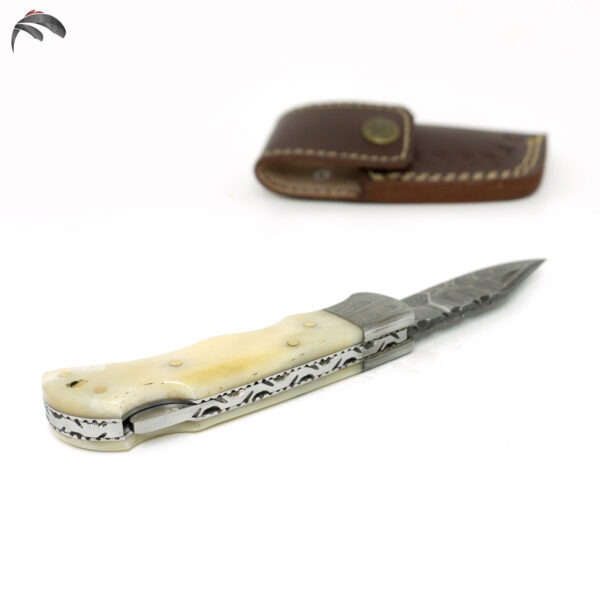 6.5 inch Damascus Steel Custom Handmade Camping Trekking Pocket Folder Utility Knife, Camel bone - Image 4