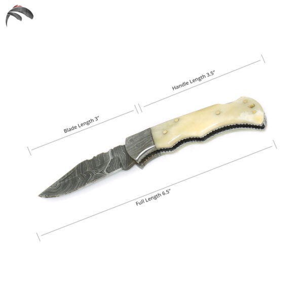 6.5 inch Damascus Steel Custom Handmade Camping Trekking Pocket Folder Utility Knife, Camel bone - Image 5