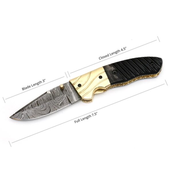 7.5 inch Damascus Steel Custom Handmade Camping Trekking Utility Groomsmen Gift Collectible Pocket Knife, Crafted Buffalo Horn - Image 2