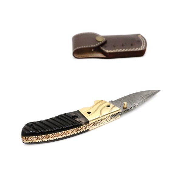 7.5 inch Damascus Steel Custom Handmade Camping Trekking Utility Groomsmen Gift Collectible Pocket Knife, Crafted Buffalo Horn - Image 3