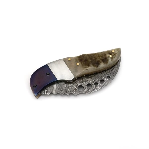 7.25 inch Damascus Steel Handmade Hunting Camping Trekking Pocket Utility Knife, Rams Horn - Image 4