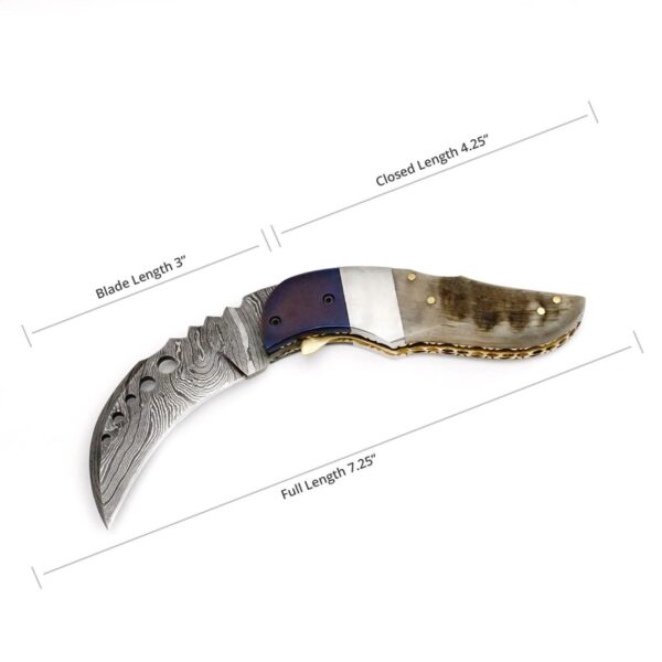 7.25 inch Damascus Steel Handmade Hunting Camping Trekking Pocket Utility Knife, Rams Horn - Image 5
