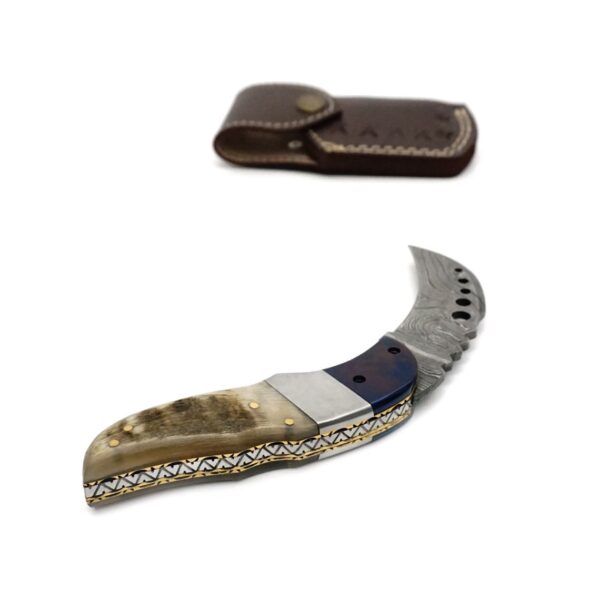 7.25 inch Damascus Steel Handmade Hunting Camping Trekking Pocket Utility Knife, Rams Horn - Image 3