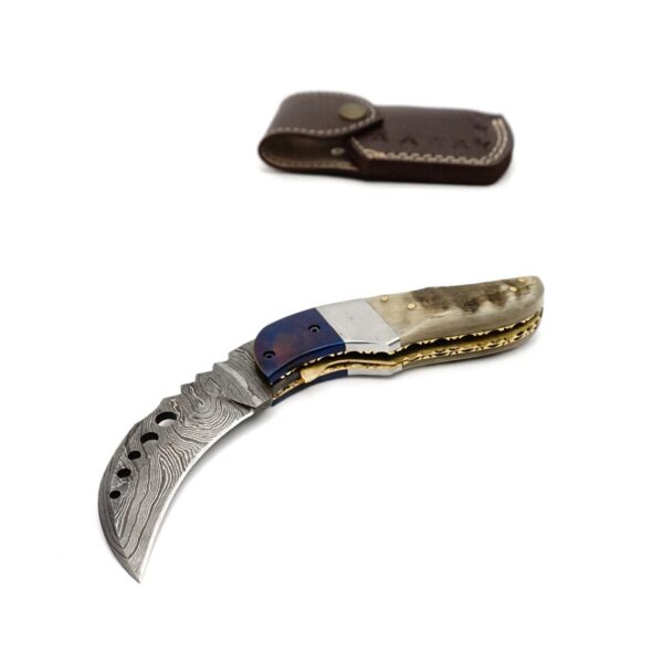 7.25 inch Damascus Steel Handmade Hunting Camping Trekking Pocket Utility Knife, Rams Horn - Image 2