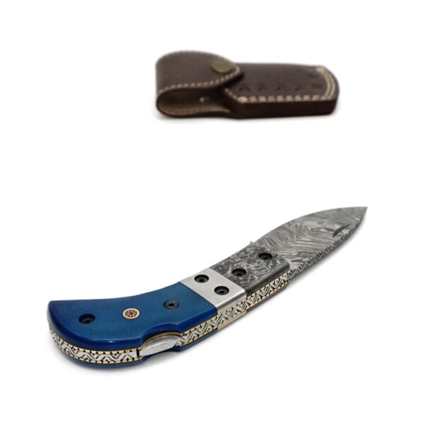 7 inch Custom Handmade Damascus Steel Camping Tracker Pocket Knife, Densified Camel Bone - Image 3