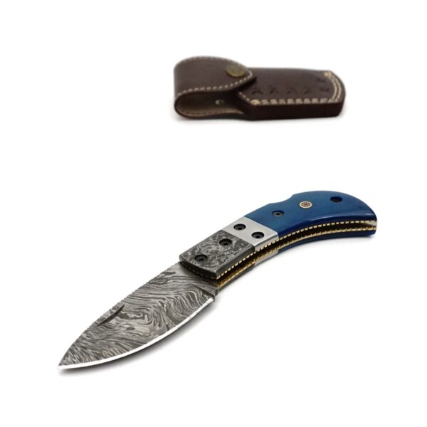 7 inch Custom Handmade Damascus Steel Camping Tracker Pocket Knife, Densified Camel Bone - Image 2