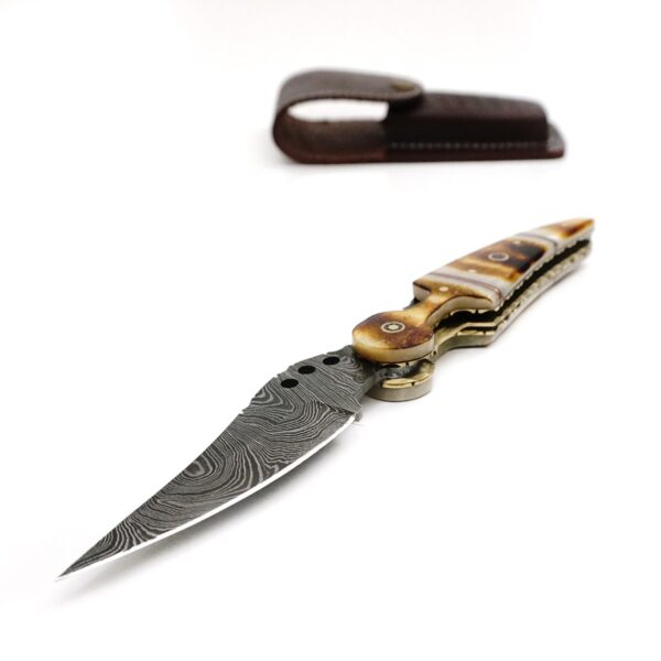 9 inch Damascus Steel Custom made Camping Trekking Utility Pocket Knife, Burnt Camel Bone - Image 3