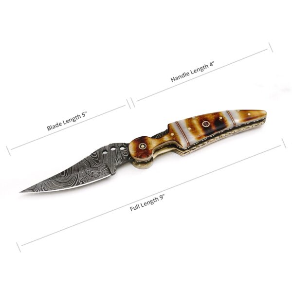 9 inch Damascus Steel Custom made Camping Trekking Utility Pocket Knife, Burnt Camel Bone - Image 5