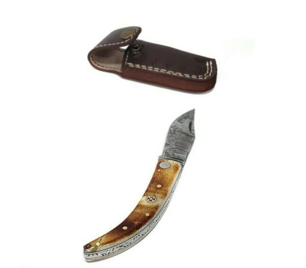 7 inch Damascus Steel Custom made Camping Utility Collectible Pocket Folding Knife, Burnt Camel Bone - Image 3