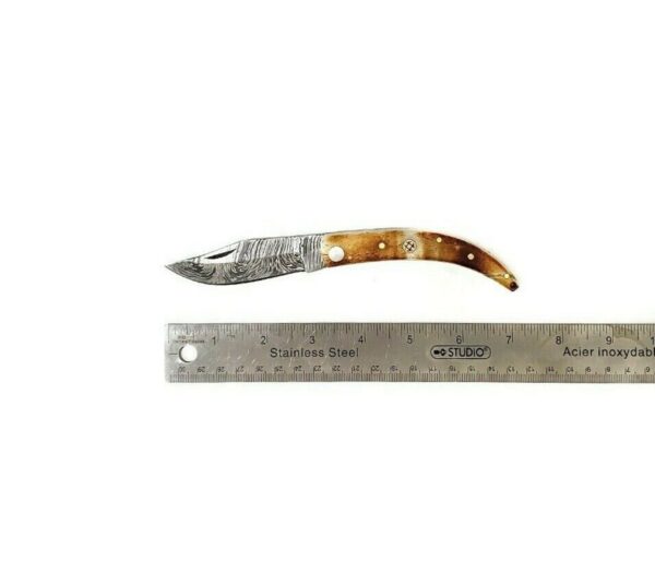 7 inch Damascus Steel Custom made Camping Utility Collectible Pocket Folding Knife, Burnt Camel Bone - Image 5