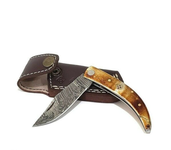 7 inch Damascus Steel Custom made Camping Utility Collectible Pocket Folding Knife, Burnt Camel Bone
