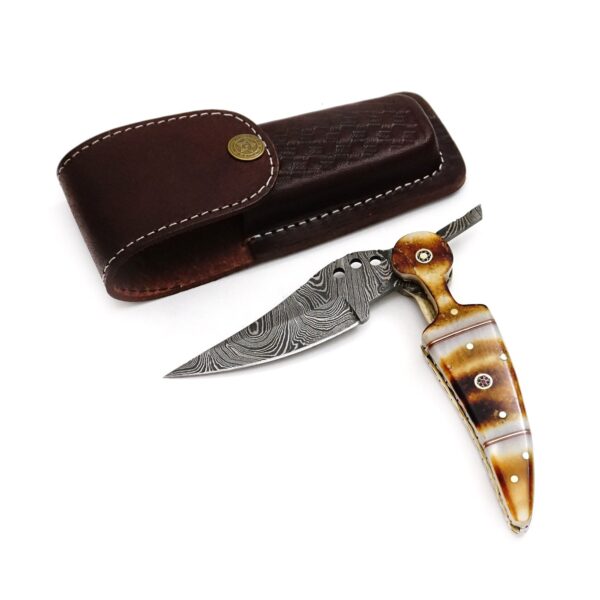 9 inch Damascus Steel Custom made Camping Trekking Utility Pocket Knife, Burnt Camel Bone