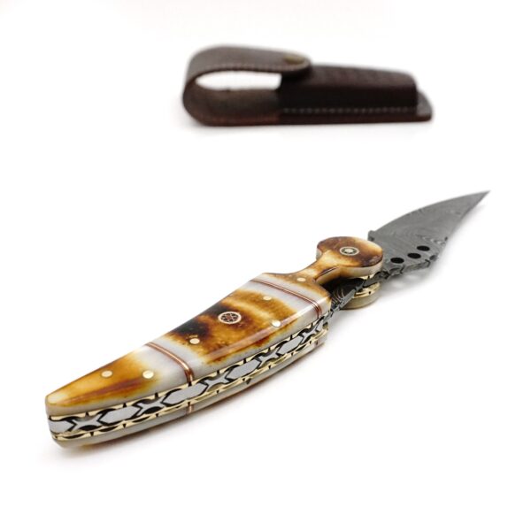 9 inch Damascus Steel Custom made Camping Trekking Utility Pocket Knife, Burnt Camel Bone - Image 2