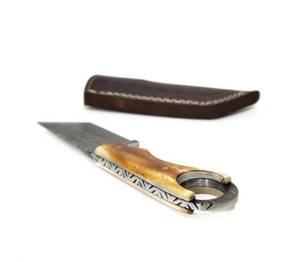 7 Inch Damascus Steel  Handmade Camping Trekking Utility Tanto Knife, Burnt Camel Bone - Image 4