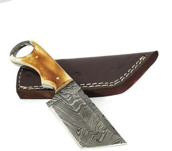 7 Inch Damascus Steel  Handmade Camping Trekking Utility Tanto Knife, Burnt Camel Bone