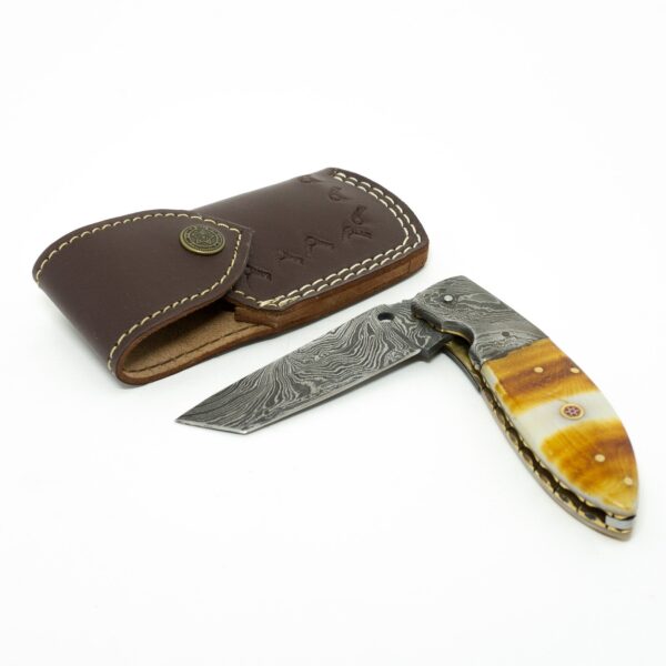 8 inch Damascus Steel Custom made Camping Trekking Utility Pocket Folder Knife, Burnt Camel Bone