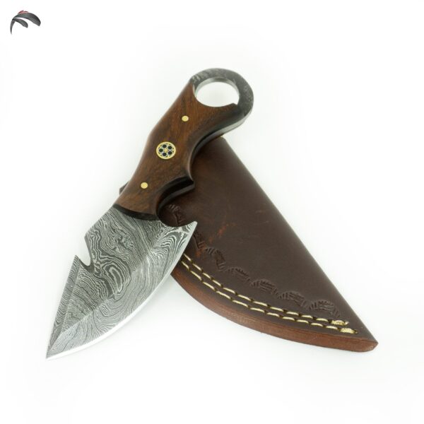 6 Inch Damascus Steel Hand Crafted Camping Utility Collectible Knife, Rosewood, Gut Hook, Ring Grip