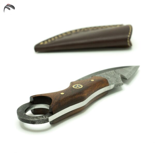 6 Inch Damascus Steel Hand Crafted Camping Utility Collectible Knife, Rosewood, Gut Hook, Ring Grip - Image 2