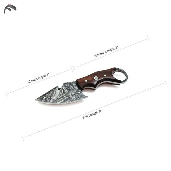6 Inch Damascus Steel Hand Crafted Camping Utility Collectible Knife, Rosewood, Gut Hook, Ring Grip - Image 4
