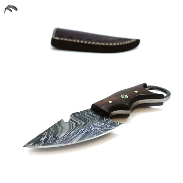 6 Inch Damascus Steel Hand Crafted Camping Utility Collectible Knife, Rosewood, Gut Hook, Ring Grip - Image 3