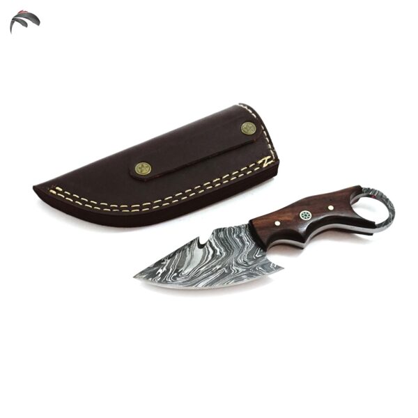6 Inch Damascus Steel Hand Crafted Camping Utility Collectible Knife, Rosewood, Gut Hook, Ring Grip - Image 5