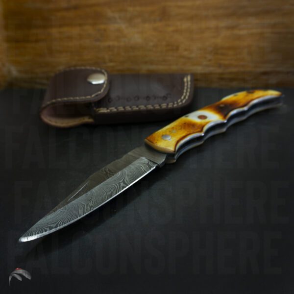 8 inch Damascus Steel Handmade Utility Pocket Folding Tool Knife Camping Accessories Burnt Camel Bone Engraved Gift for Him - Image 5