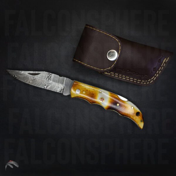 8 inch Damascus Steel Handmade Utility Pocket Folding Tool Knife Camping Accessories Burnt Camel Bone Engraved Gift for Him - Image 2