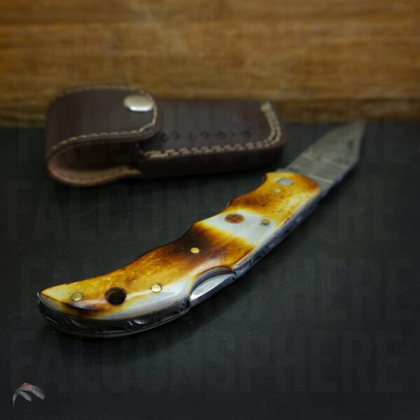 8 inch Damascus Steel Handmade Utility Pocket Folding Tool Knife Camping Accessories Burnt Camel Bone Engraved Gift for Him - Image 6