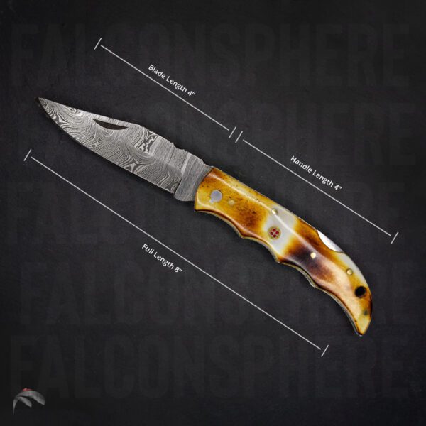 8 inch Damascus Steel Handmade Utility Pocket Folding Tool Knife Camping Accessories Burnt Camel Bone Engraved Gift for Him - Image 3